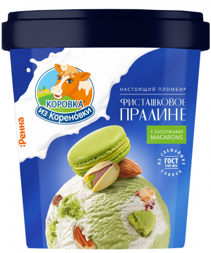 Пломбир КиК фисташковое пралине с кусочками печенья макарон и миндалем в карт. стак. 300 г